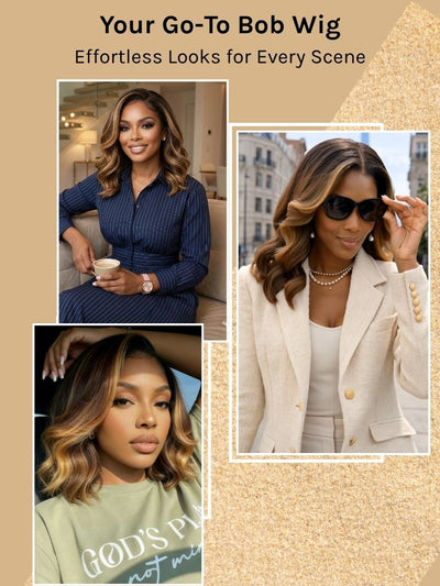 Klaiyi Balayage Brown French Bob Wig Shoulder-Length Loose Curls 13x4 Pre-Everything Glueless Lace with Invisi Drawstring