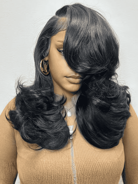 Klaiyi 7×5 Bye-Bye Slip Lace Wig Put On And Go Feathered Layer Left Side Part 200% Density with Invisible Drawstring