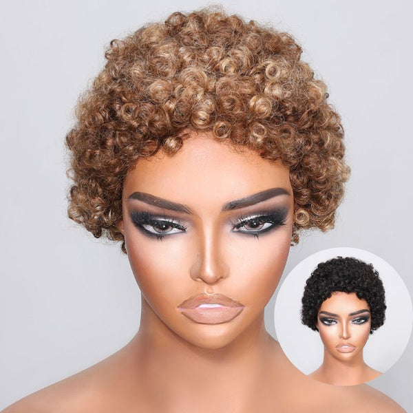 Klaiyi Brown with blonde highlight Short Pixie Cut Wigs Machine Made Human Hair Flash Sale