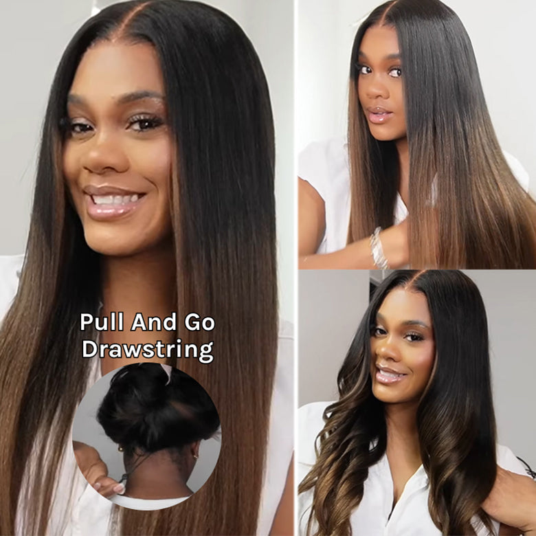 Extra 50% OFF Code:HALF50 |Klaiyi Ombre Chestnut Brown Wigs With Invisi Drawstring Yaki Straight Put On and Go Glueless Wig 7x5 Bye Bye Knots