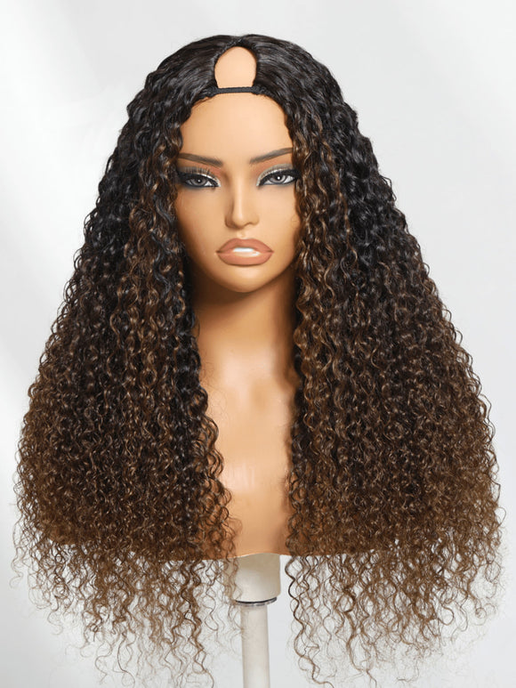 Perruque Klaiyi EasiContour™ bouclée en V, couleur châtain ombré, sans colle, cheveux humains