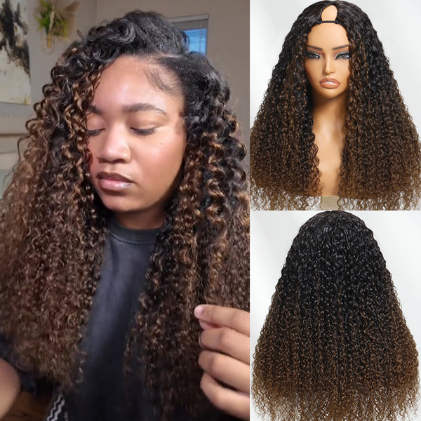 Klaiyi EasiContour™ Curly V Part Wig Ombre Chestnut Brown Color Glueless V Part Human Hair Wigs