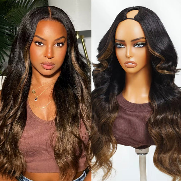 Klaiyi EasiContour™ V-Part Wig Ombre Chestnut Brown Loose Body Wave Wig Real Scalp Glueless Wigs