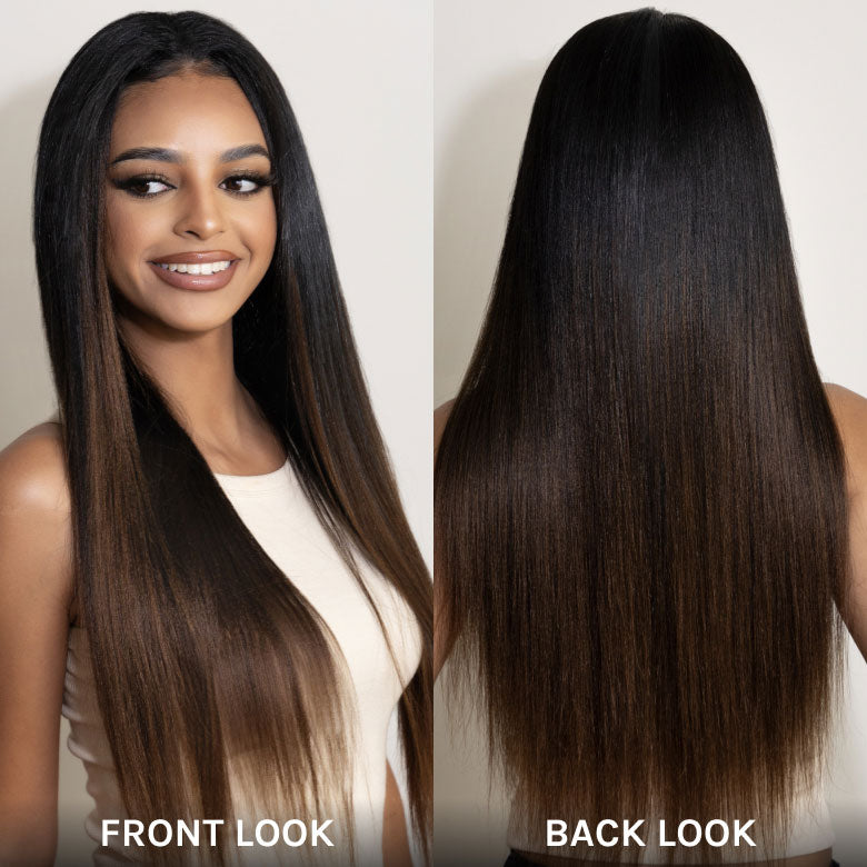Klaiyi Yaki Straight EasiContour V Part Wigs Human Hair Ombre Chestnut Brown Color Clip in No Sew in No Glue Upgrade U Part Human Hair Wig