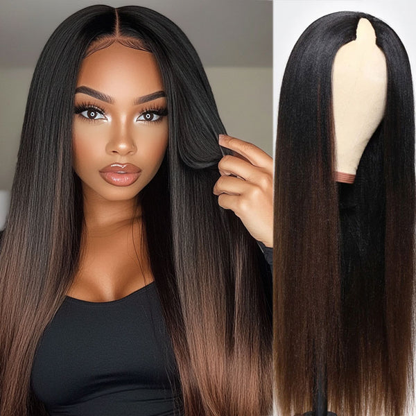 Klaiyi Yaki Straight EasiContour V Part Wigs Human Hair Ombre Chestnut Brown Color Clip in No Sew in No Glue Upgrade U Part Human Hair Wig