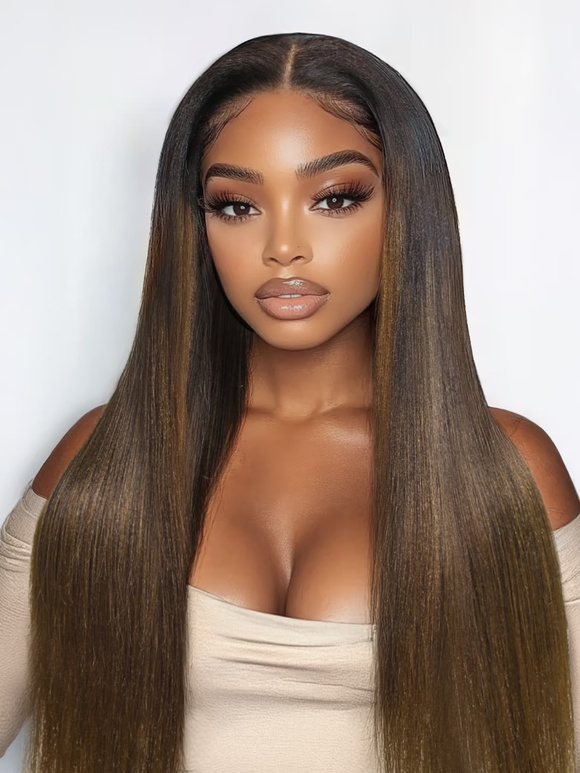 Klaiyi Yaki Straight EasiContour V Part Wigs Human Hair Ombre Chestnut Brown Color Clip in No Sew in No Glue Upgrade U Part Human Hair Wig
