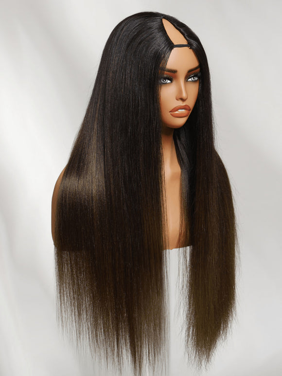 $100 OFF | Code:SAVE100 Klaiyi Ombre Chestnut Brown Color Yaki Straight EasiContour V Part Wigs Human Hair Clip in No Sew in No Glue Wig