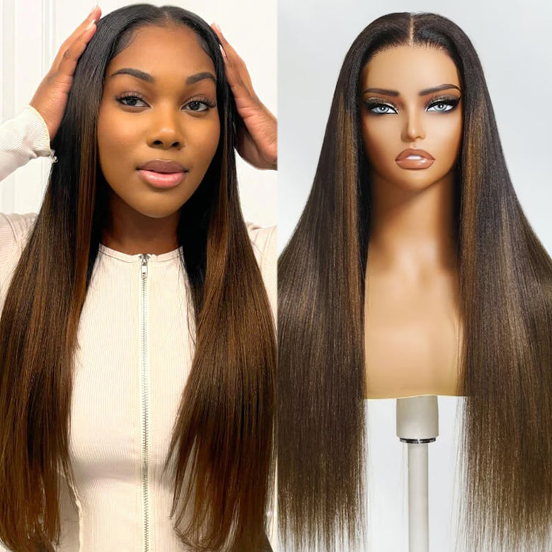 Extra 50% OFF Code:HALF50 |Klaiyi Ombre Chestnut Brown Wigs With Invisi Drawstring Yaki Straight Put On and Go Glueless Wig 7x5 Bye Bye Knots