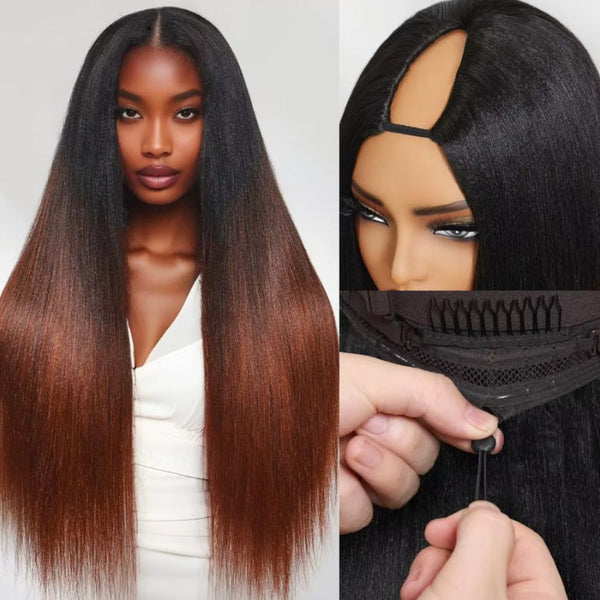 Klaiyi Yaki Straight V Part Wigs Ombre Reddish Brown with Dark Roots Upgrade Invisi Drawstring