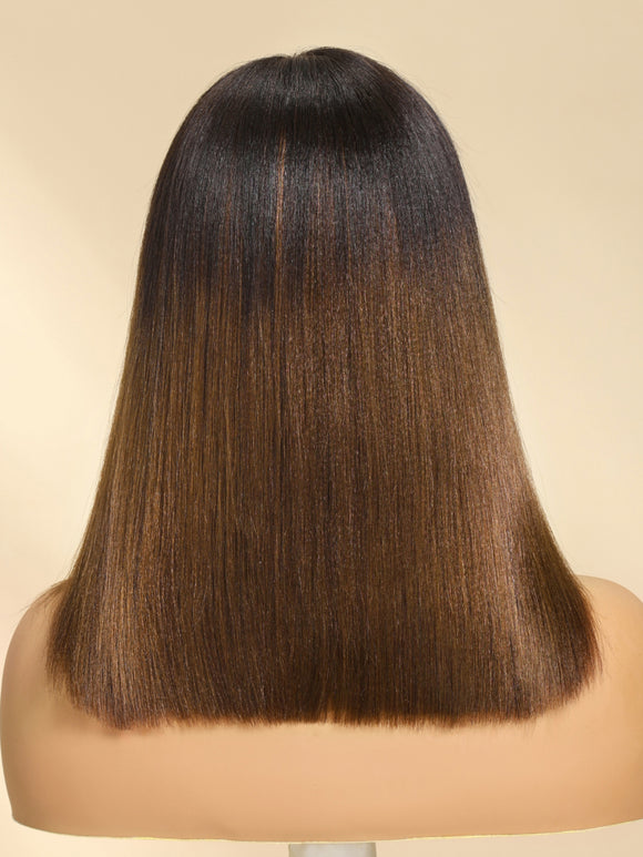 Perruque courte Klaiyi Bob Ombre Châtain Brun avec nœuds défaits (7x5) et perruque frontale en dentelle (13x4) - Vente flash 
