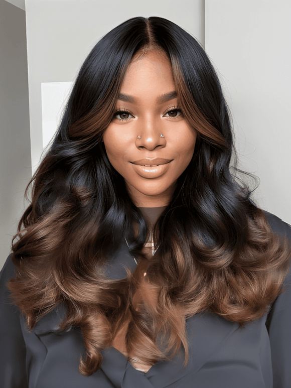 Klaiyi Bye Bye Knots Wig 7x5 Glueless Lace Black to Chestnut Brown Ombre Loose Wave Wig With Bleached Knots Flash Sale