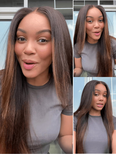 Klaiyi Ombre Chestnut Brown Yaki Straight Put On and Go Glueless Wig 7x5 Bye Bye Knots And 13x4 Lace Frontal Human Hair Wigs with Invisi Drawstring