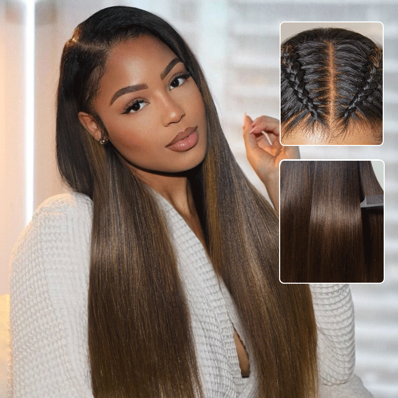 $100 OFF| Code: SAVE100 Klaiyi Ombre Chestnut Brown Yaki Straight Put On and Go Glueless Wig 7x5 Bye Bye Knots Lace Closure Human Hair Wigs with Invisi Drawstring