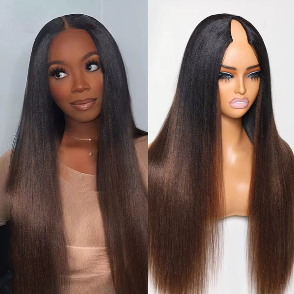 Klaiyi Yaki Straight EasiContour V Part Wigs Human Hair Ombre Chestnut Brown Color Clip in No Sew in No Glue Upgrade U Part Human Hair Wig