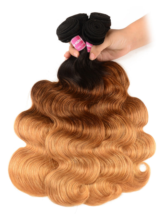 Klaiyi 3 Tone Ombre Human Hair Body Wave 3/4 Bundles Hair Weave 1b/4/27 Color