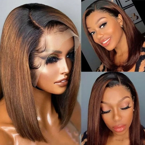 Klaiyi Dark Roots Brown Cut Bob T Part Lace Wigs Human Hair Preplucked Middle Part Short Lace Wig Flash Sale