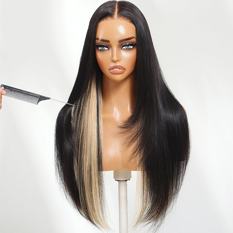 Klaiyi Natural Black with Peekaboo Highlights Straight Layered Cut 7x5 Bye Bye Knots Glueless Human Hair Wig