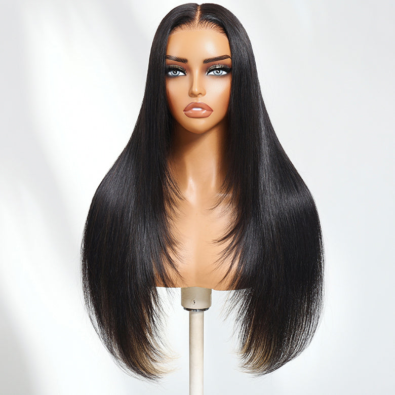 Klaiyi Natural Black with Peekaboo Highlights Straight Layered Cut 7x5 Bye Bye Knots Glueless Human Hair Wig