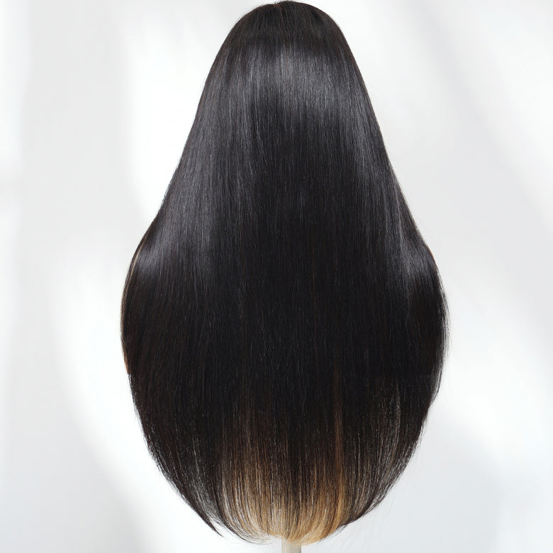 Klaiyi Natural Black with Peekaboo Highlights Straight Layered Cut 7x5 Bye Bye Knots Glueless Human Hair Wig