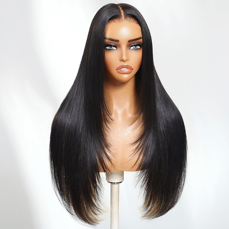 Klaiyi Natural Black with Peekaboo Highlights Straight Layered Cut 7x5 Bye Bye Knots Glueless Human Hair Wig