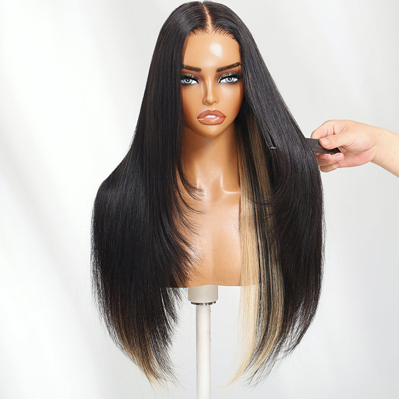 Klaiyi Natural Black with Peekaboo Highlights Straight Layered Cut 7x5 Bye Bye Knots Glueless Human Hair Wig