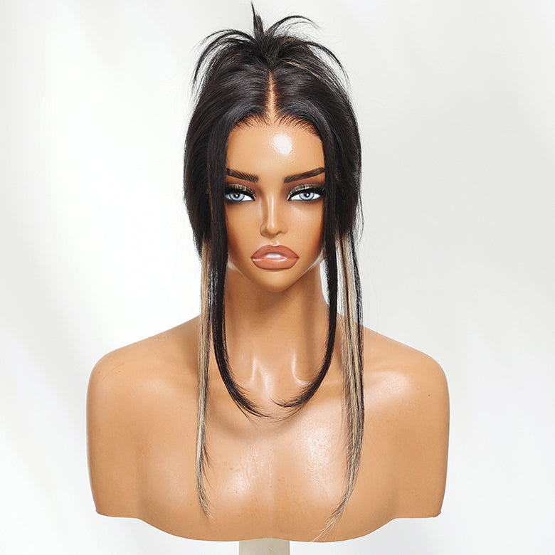 Klaiyi Natural Black with Peekaboo Highlights Straight Layered Cut 7x5 Bye Bye Knots Glueless Human Hair Wig