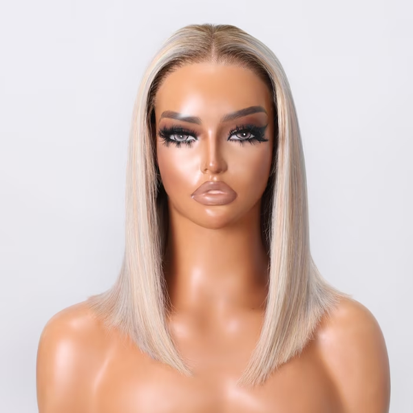 Klaiyi Platinum Blonde Highlight 6x4.75 Pre-cut Lace Glueless Put On and Go Bob Wig Human Hair Wig Grey Blonde Highlights