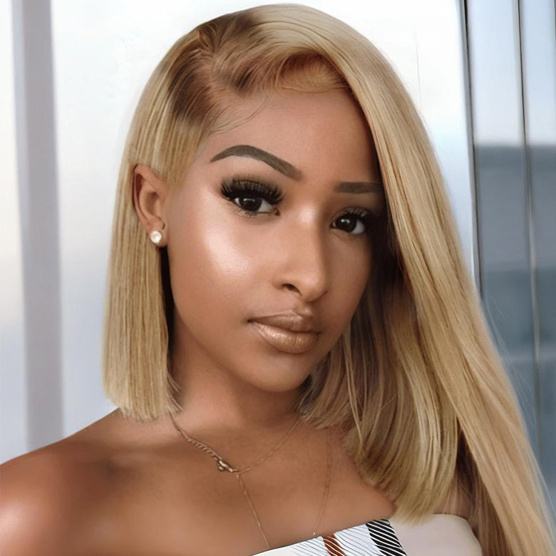 Klaiyi Tres Leches Blonde with Brown Root Bob Wigs Salt and pepper Hair Short Straight Bye-Bye Knots Wig Flash Sale