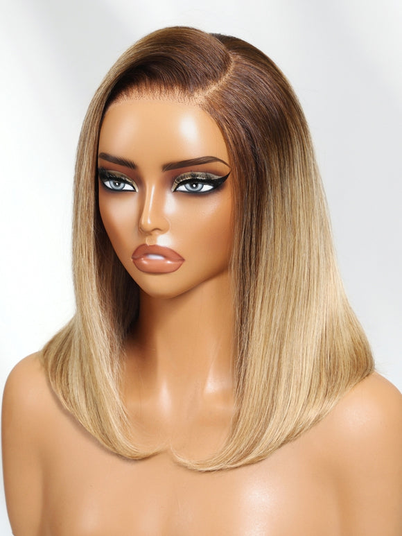 Klaiyi Tres Leches Blonde with Brown Root Bob Wigs Salt and pepper Hair Short Straight Bye-Bye Knots Wig Flash Sale