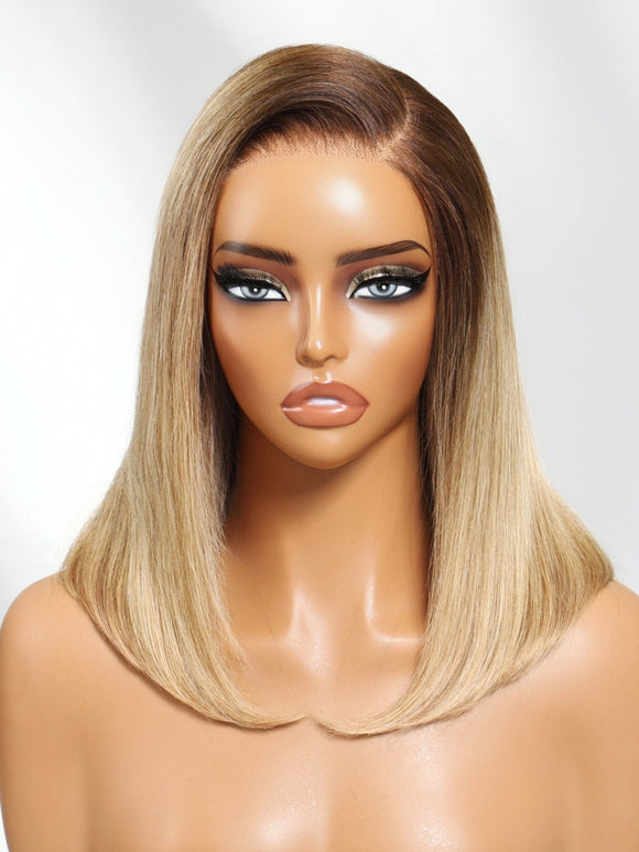 Klaiyi Tres Leches Blonde with Brown Root Bob Wigs Salt and pepper Hair Short Straight Bye-Bye Knots Wig Flash Sale