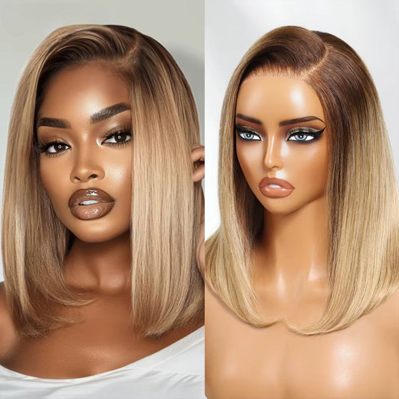 Extra 70% OFF |Klaiyi Tres Leches Blonde with Brown Root Bob Wigs Salt and pepper Hair Short Straight Bye-Bye Knots Wig