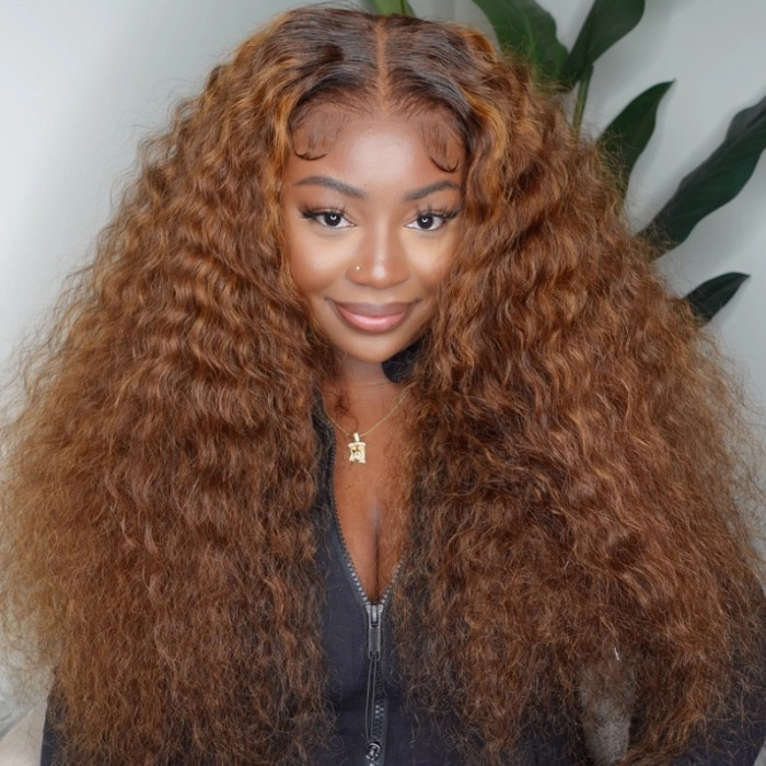 Klaiyi 6x4.75 Pre-cut Wear & Go Ombre Highlight Piano Brown Water Wave Wigs Balayage Human Hair