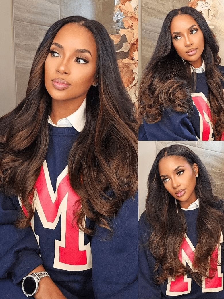 KLAIYI Black to Chestnut Brown Ombre Body Wave Human Hair Bundles