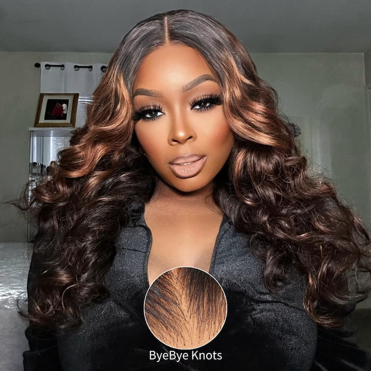 Klaiyi Bye Bye Knots Wig 7x5 Glueless Lace Black to Chestnut Brown Ombre Loose Wave Wig With Bleached Knots