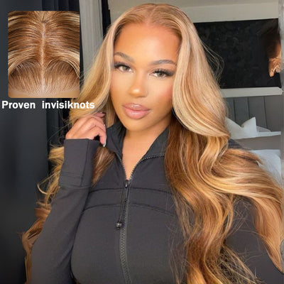 Klaiyi Ombre Highlight Blonde Body Wave 7x5 Bye Bye Knots Lace Wig Human Hair Put on and go Wigs