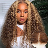 Klaiyi Pre-Cut Lace Put On and Go Glueless Wig Honey Blonde Piano Highlight Color Curly Breathable Air Wig
