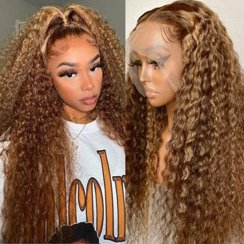 Honey Blonde Highlight Lace Front Wigs Ombre Color Jerry Curly Human Hair Wigs