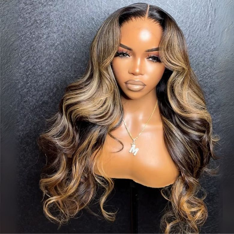 Klaiyi 1B/Gray Blonde Highlights 7x5 Bye Bye Knots Loose Wave Wig Put on and Go Glueless Wig