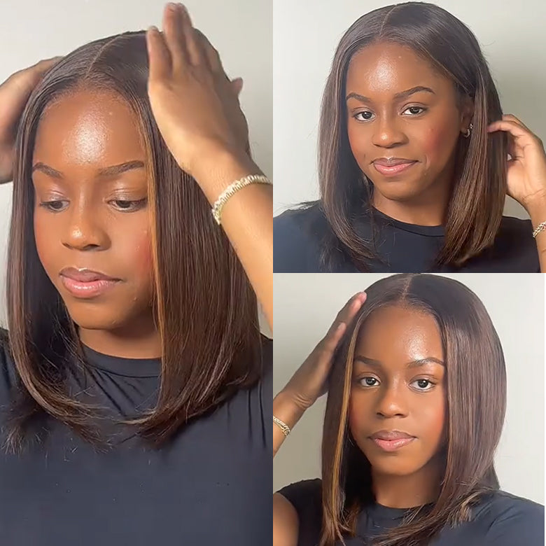 Klaiyi Mocha Brown Highlight Bob Wig with Caramel Highlights 7x5 Bye-Bye Knots Wig Flash Sale