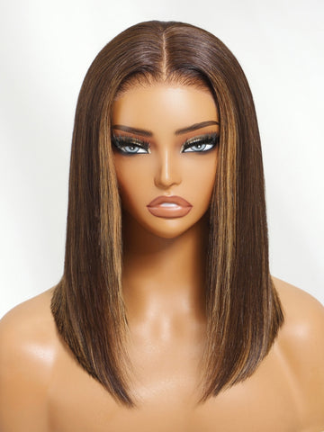 Klaiyi Mocha Brown Highlight Bob Wig with Caramel Highlights 7x5 Bye-Bye Knots Wig Flash Sale