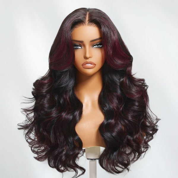Klaiyi Deep Burgundy Highlights 13x4 Pre-everything Lace Frontal Soft Body Wave Face-Framing Layers Wig with Invisi-Drawstring