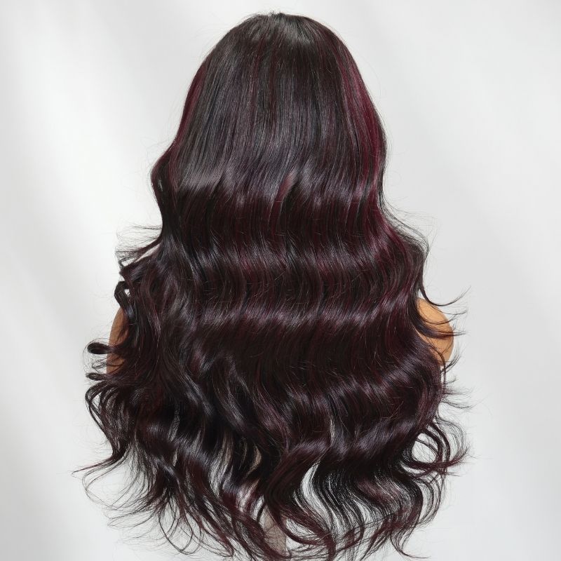 Klaiyi Deep Burgundy Highlights 13x4 Pre-everything Lace Frontal Soft Body Wave Face-Framing Layers Wig with Invisi-Drawstring