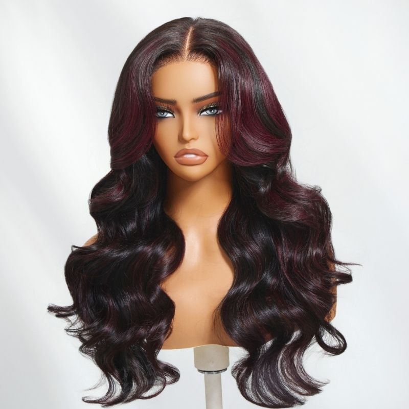 Klaiyi Deep Burgundy Highlights 13x4 Pre-everything Lace Frontal Soft Body Wave Face-Framing Layers Wig with Invisi-Drawstring