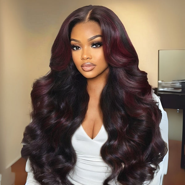 Klaiyi Deep Burgundy Highlights 13x4 Pre-everything Lace Frontal Soft Body Wave Face-Framing Layers Wig with Invisi-Drawstring