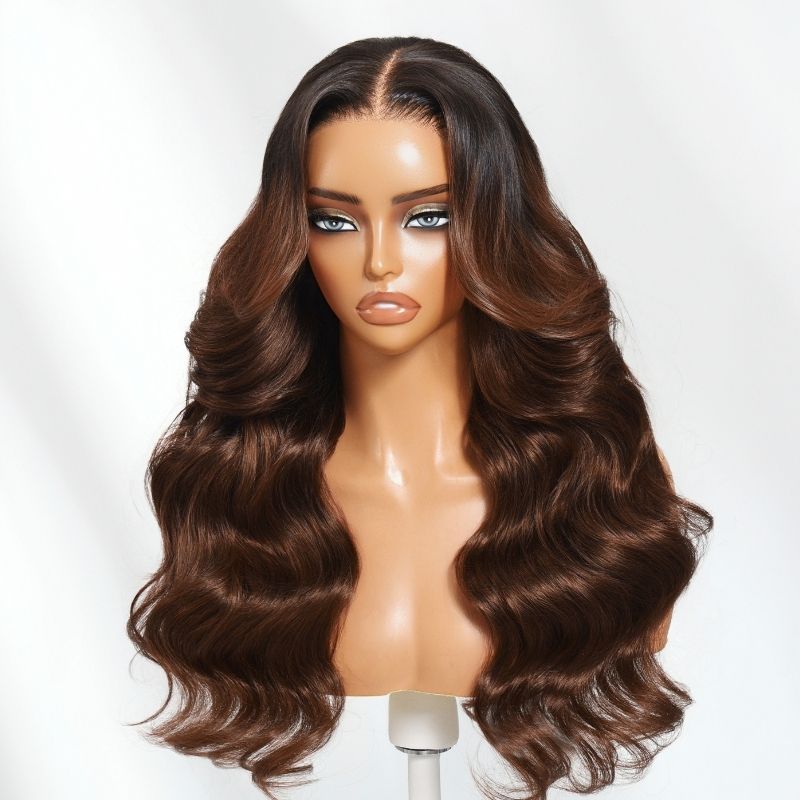 Klaiyi Dark Root to Mocha Brown Ombre 13x4 Pre-everything Lace Frontal Loose Wave Wig Put On and Go with Invisi-Drawstring