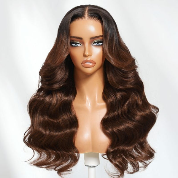 Klaiyi Dark Root to Mocha Brown Ombre 13x4 Pre-everything Lace Frontal Loose Wave Wig Put On and Go with Invisi-Drawstring