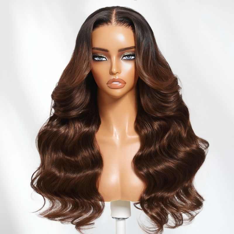 Klaiyi Dark Root to Mocha Brown Ombre 13x4 Pre-everything Lace Frontal Loose Wave Wig Put On and Go with Invisi-Drawstring