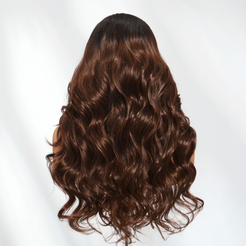 Klaiyi Dark Root to Mocha Brown Ombre 13x4 Pre-everything Lace Frontal Loose Wave Wig Put On and Go with Invisi-Drawstring