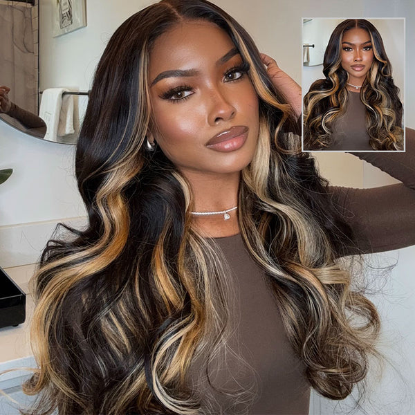 Klaiyi Honey Caramel Highlights Body Wave 7x5 Bye Bye Knots Put on and go Glueless Wigs 100% Human Hair