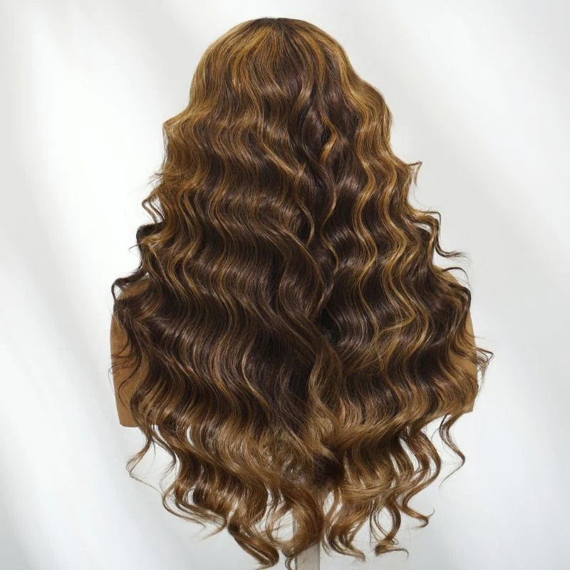 Klaiyi Golden Brown 13*4 Sun-Kissed Highlights Bouncy Curls Loose Wave Pre Everything Lace Frontal Wig With Invisi Drawstring